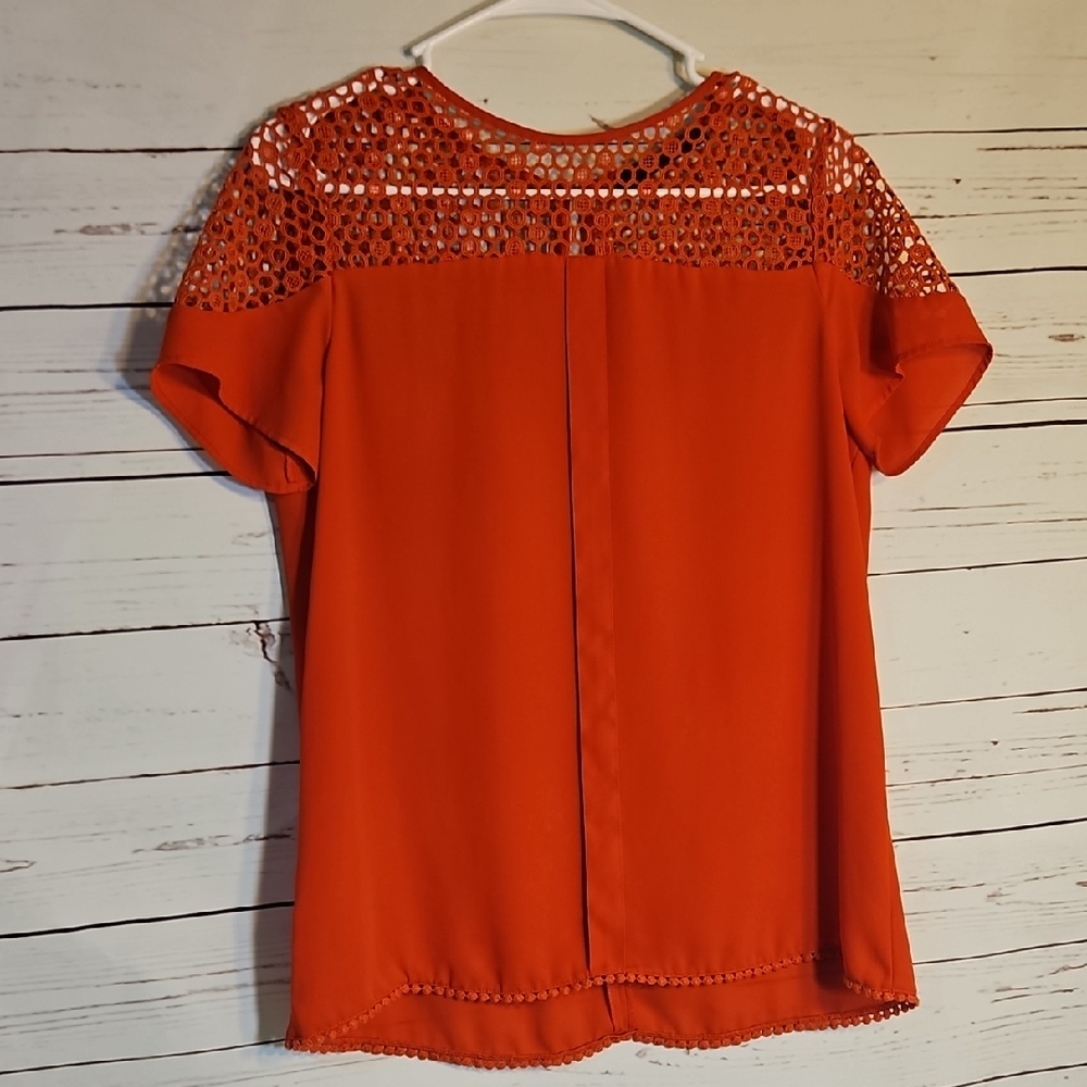 Zara Basic Orange Crochet Lace Yoke Short Sleeve‎ Blouse Size M Pom Pom Trim